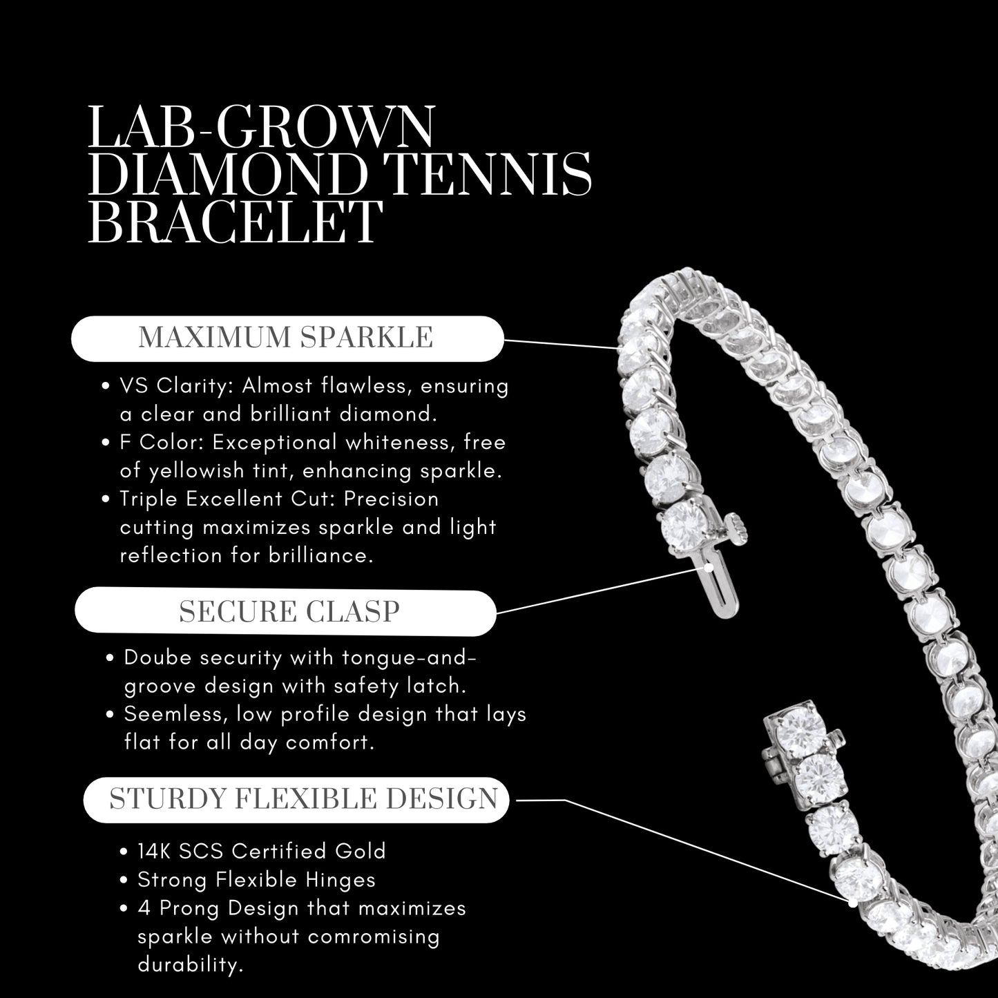 Diamond Tennis Bracelet | VS / Colorless / Excellent Round Lab-grown Diamonds / 14K